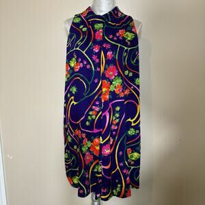 Vintage 60s Hukilau Fashions Psychedelic Shift Dress Bright Mod Floral Sz 16